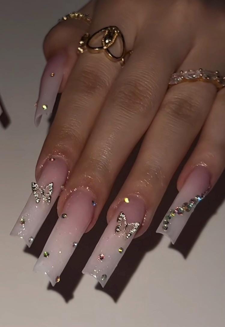 Pink & White Glitter Ombre + Butterflies| Handmade Press on Nails