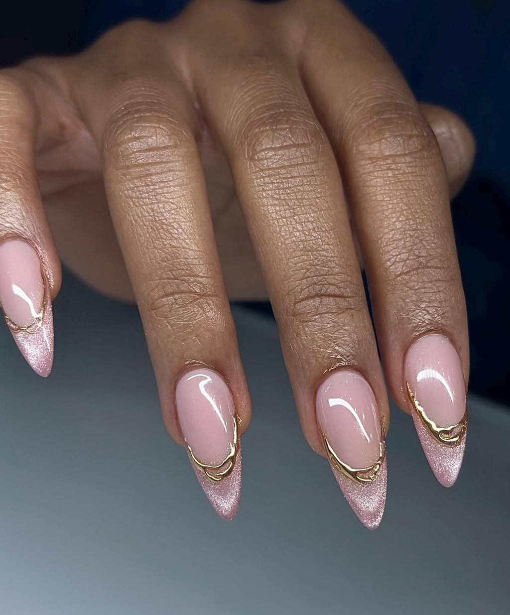 Baby Pink Cateye French + Gold Chrome | Handmade Press on Nails