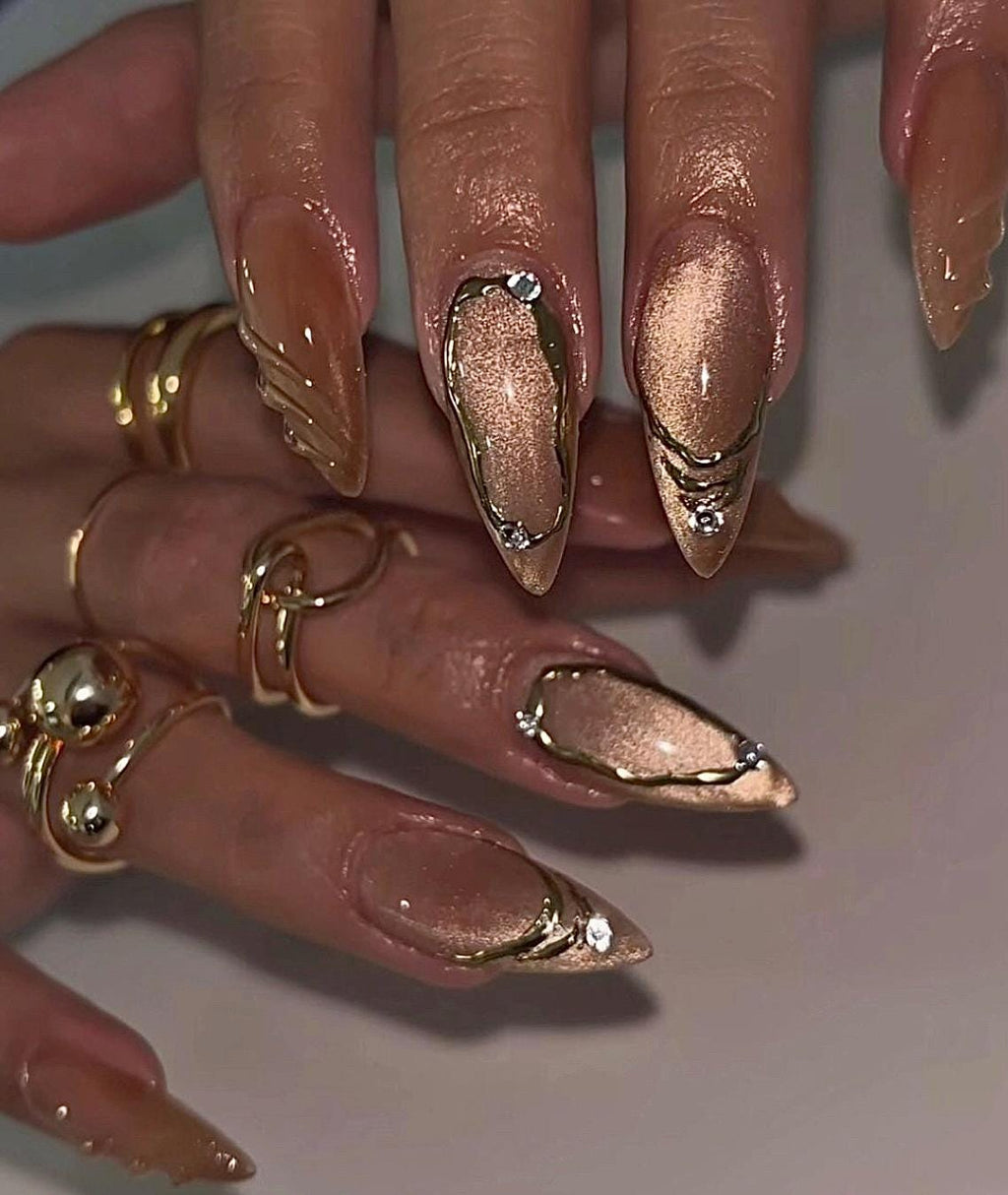 Champagne Cateye + 3D Chrome | Handmade Press on Nails