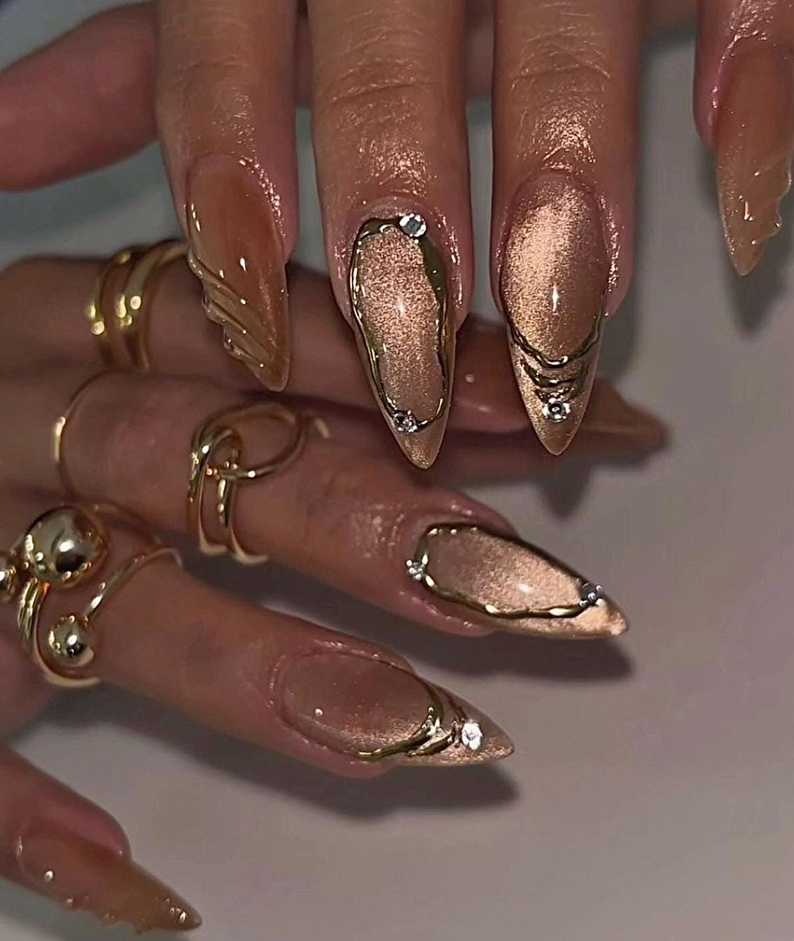 Champagne Cateye + 3D Chrome | Handmade Press on Nails
