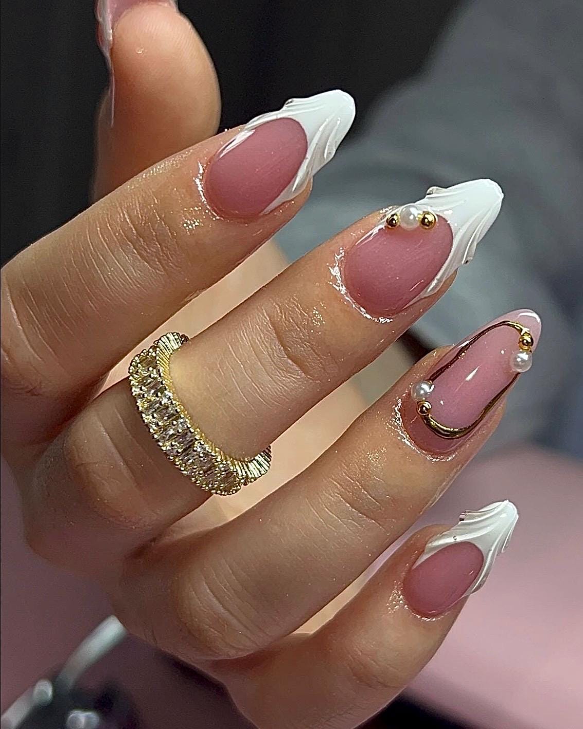 White 3D french + Pearl & Gold | Handmade Press on Nails