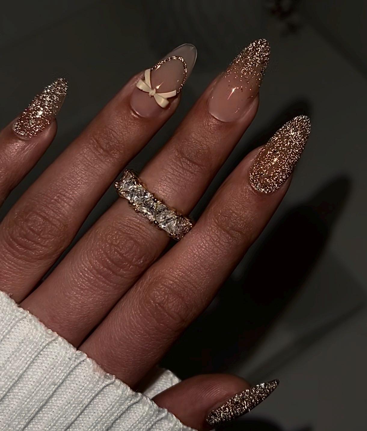 Reflective Gold + Bows | Handmade Press on Nails