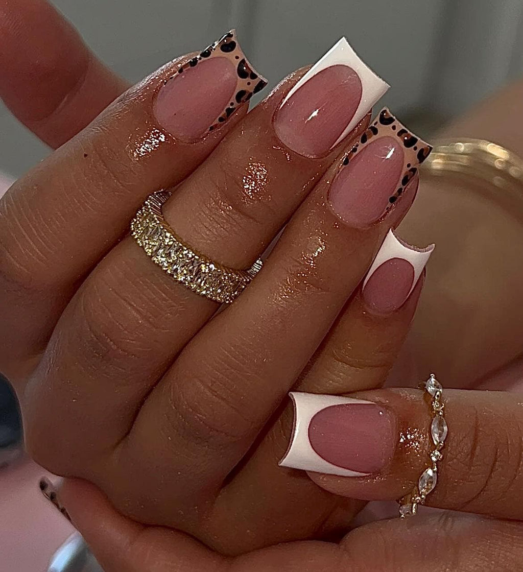 Cheetah + White French Handmade Press on Nails