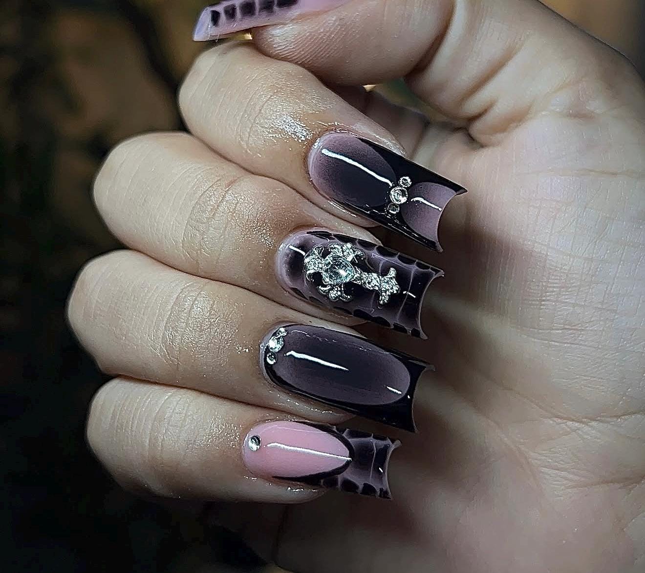 Gothic Black Aura + Charms Handmade Press on Nails