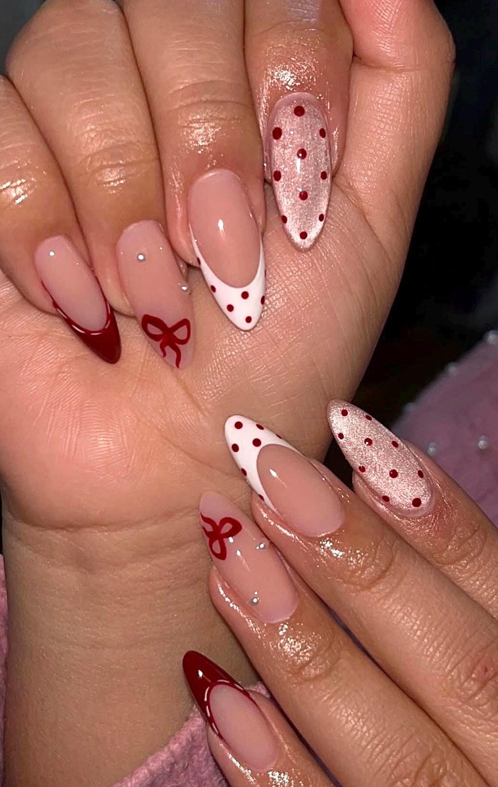 Polka Dot Bows + Cateye Valentines Handmade Press on Nails